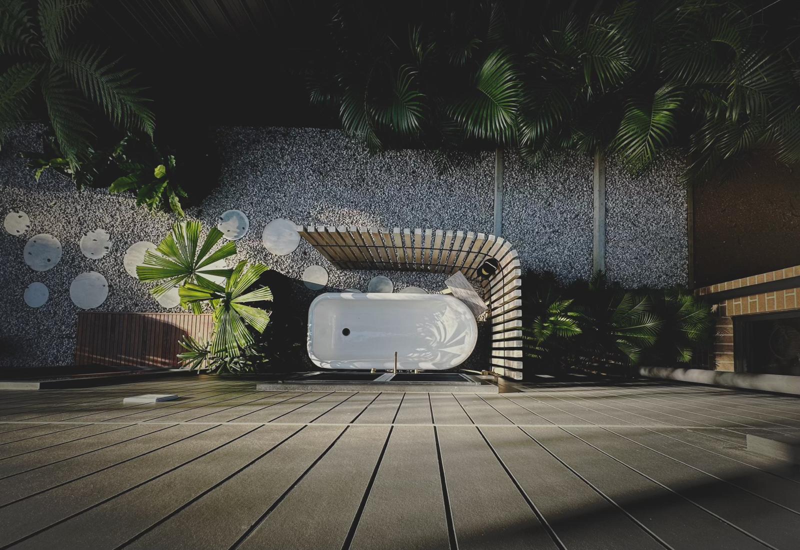 Outdoor freestanding bath & deck shower — plumbing work completed in Gerringong by Shellharbour Plumbing (licensed Illawarra plumber)