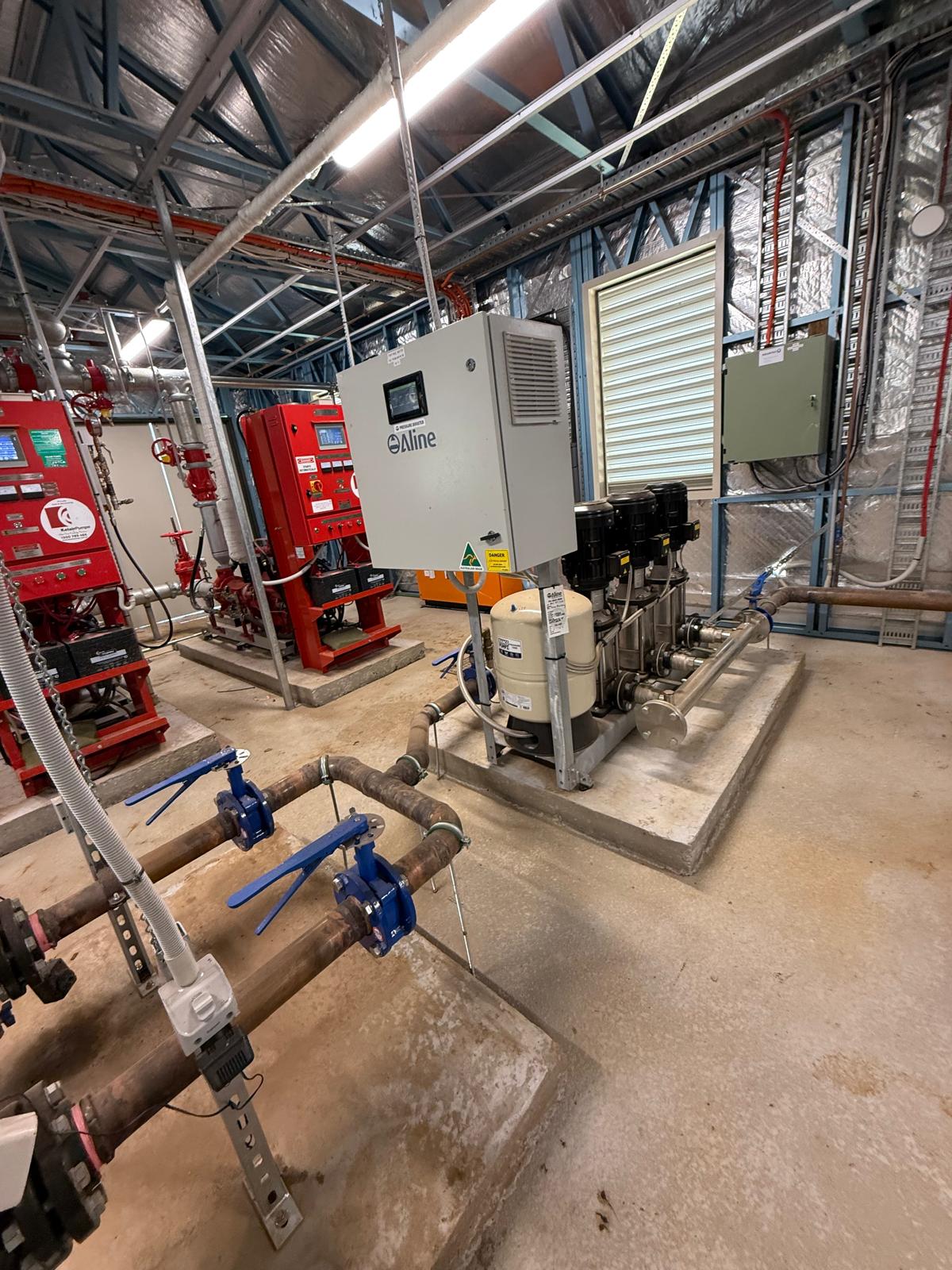 Fire pump & pressure booster room — plumbing work completed in Wollongong by Shellharbour Plumbing (licensed Illawarra plumber)