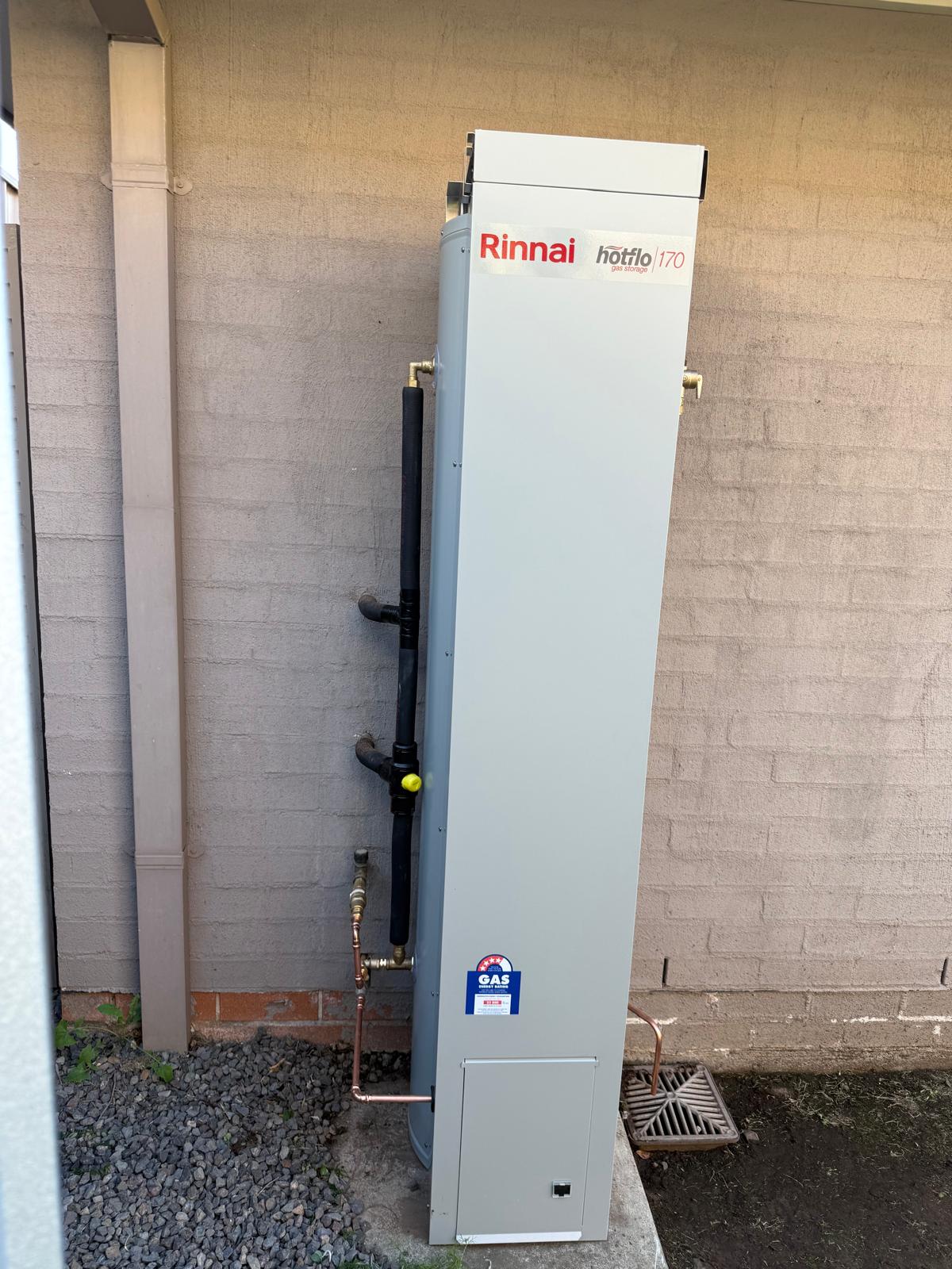 Rinnai Hotflo 170L gas storage install — Hot Water Systems plumbing job in Warilla by a licensed Shellharbour plumber