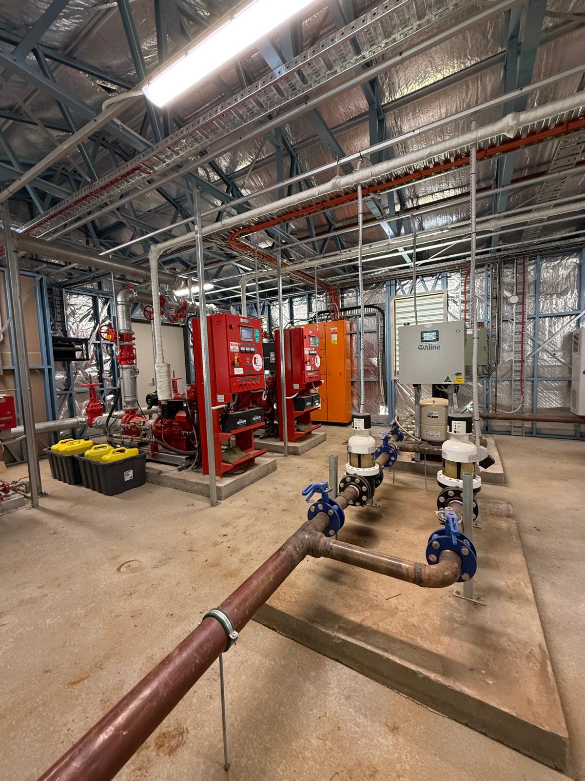 Diesel & electric fire pump room — plumbing work completed in Wollongong by Shellharbour Plumbing (licensed Illawarra plumber)